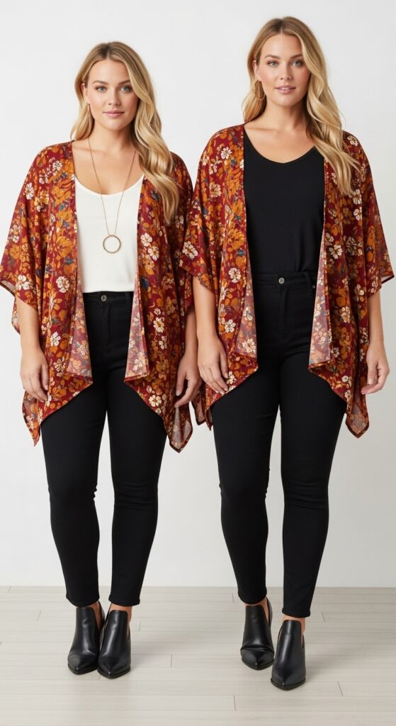 15 Chic Plus Size Fall Fashion Outfits Every Curvy Woman Will Love 13 Kimono and Skinny Jeans