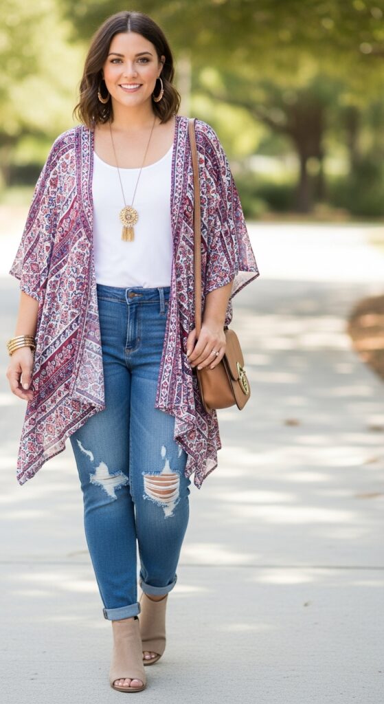 15 Plus Size Summer Mom Outfits Curvy Moms Will Love 9 Kimono over Tank and Jeans