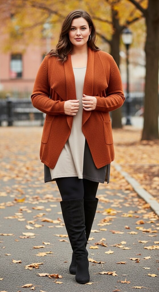 14 Plus Size Fall Outfits That Celebrate Your Curves in Every Autumn Adventure 15 Knit Blazer + Ponte Leggings