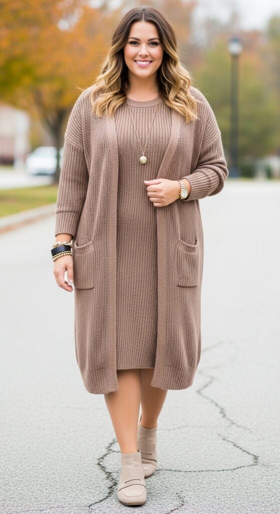 12 Plus Size Fall Professional Outfits Curvy Women Love 22 Knit Dress and Cardigan