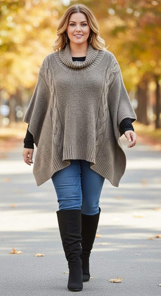 15 Chic and Casual Plus Size Fall Outfits Every Curvy Woman Will Love 14 Knit Poncho and Slim Fit Jeans