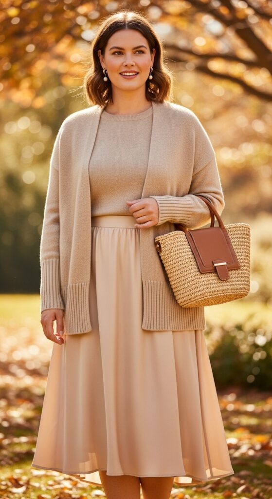 15 Plus Size Fall Aesthetic Outfits That Celebrate Your Curves & Creativity 14 Knit Sweater Set & Tencel Skirt