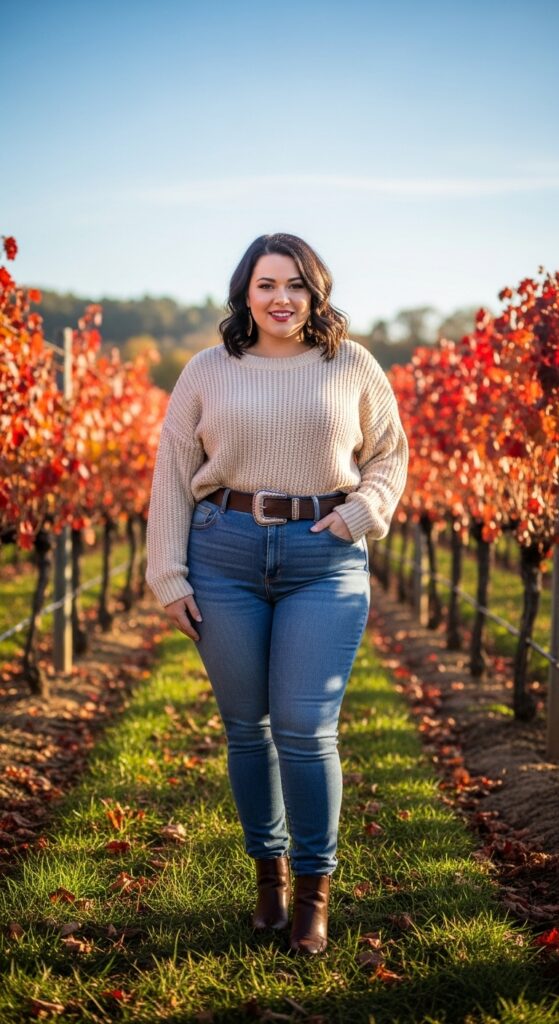 15 Plus Size Fall Winery Outfits for an Unforgettable Autumn Day 6 Knit and Denim Duo