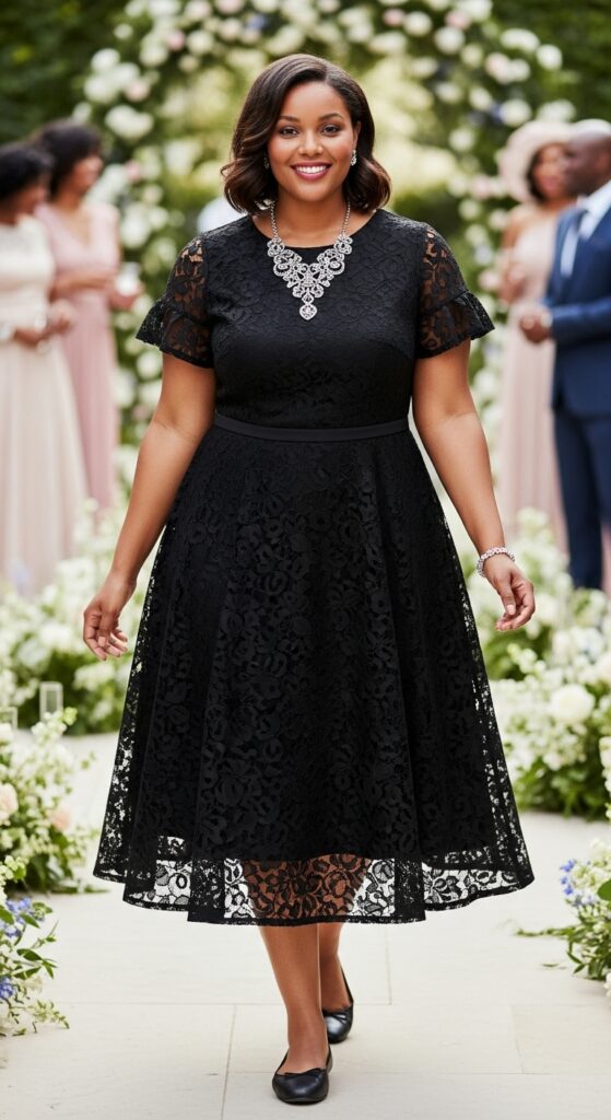 10 Elegant Plus Size Black Wedding Guest Dresses for Curvy Women 10 Lace A-Line Midi Dress