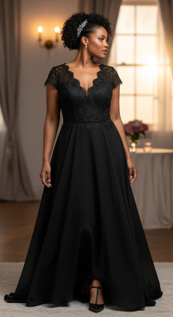 10 Stunning Plus Size Black Wedding Dresses for Curvy Brides 9 Lace Detail Black Minimal Dress