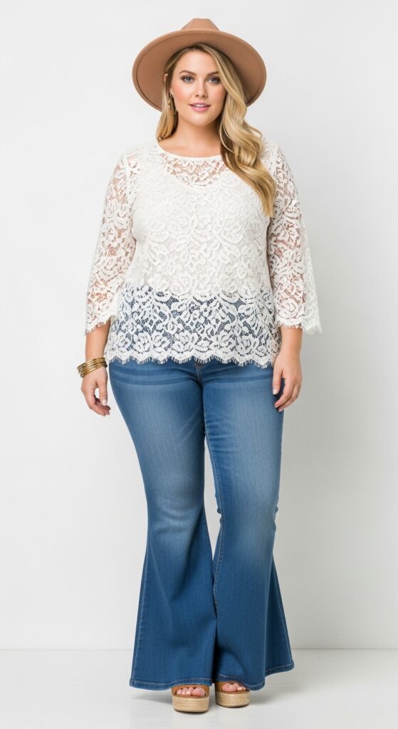 14 Plus Size Fall Boho Outfits That Curvy Women Love 16 Lace Top and Bell-Bottom Jeans