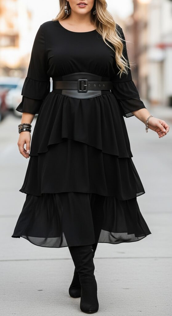 14 Plus Size Witchy Fall Outfits That Curvy Women Love 10 Layered Black Dress and Wide Belt