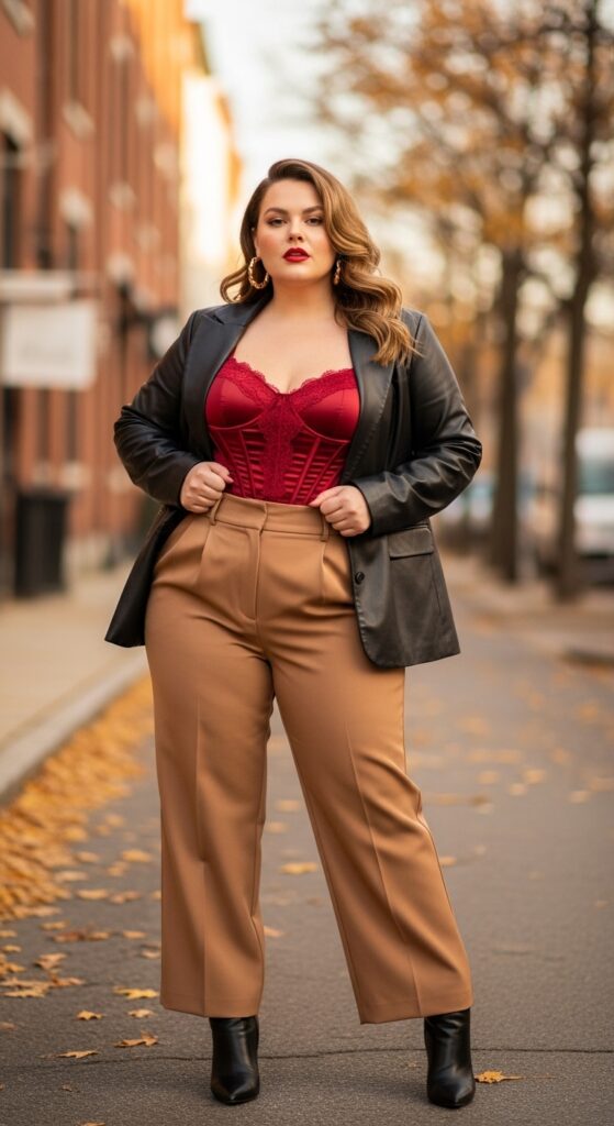 14 Plus Size Baddie Fall Outfits That Scream Confidence (Own Your Curves, Queen!) 3 Leather Blazer + Corset Combo