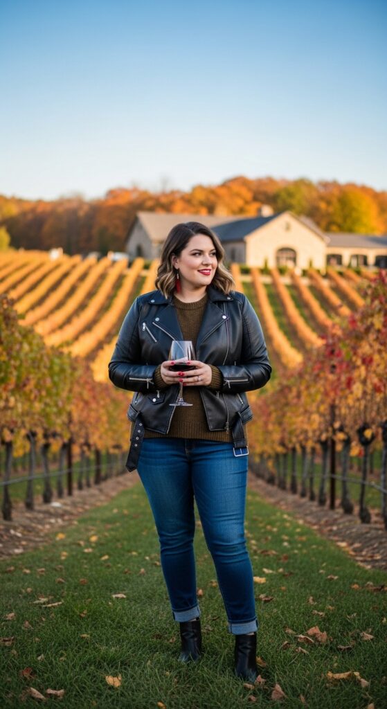15 Plus Size Fall Winery Outfits for an Unforgettable Autumn Day 8 Leather Jacket Edge