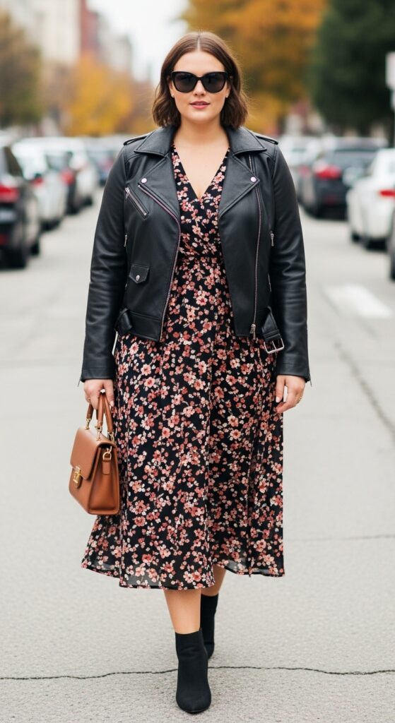 15 Stylish Plus Size Fall Outfits for Curvy Women to Rock This Season 17 Leather Jacket & Midi Dress