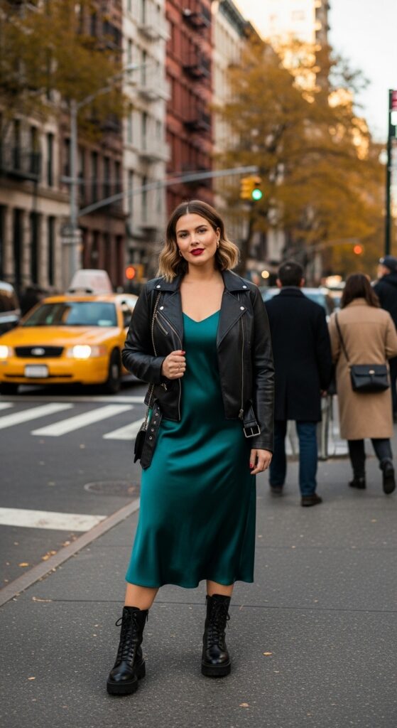 15 Plus Size New York Fall Outfits Curvy Women Will Love 4 Leather Jacket & Slip Dress