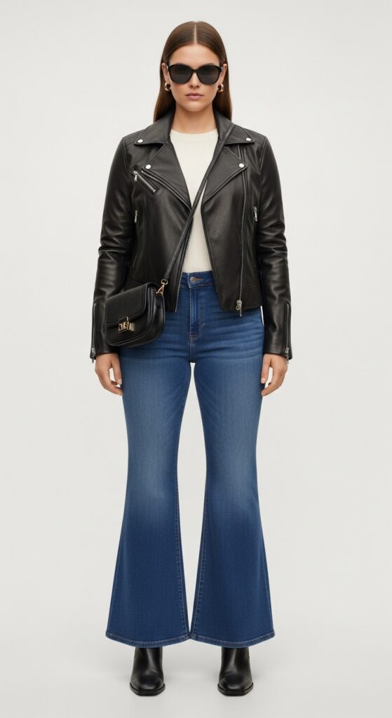 12 Plus Size Italian Fall Outfits That Curvy Women Love 24 Leather Jacket and Flared Jeans
