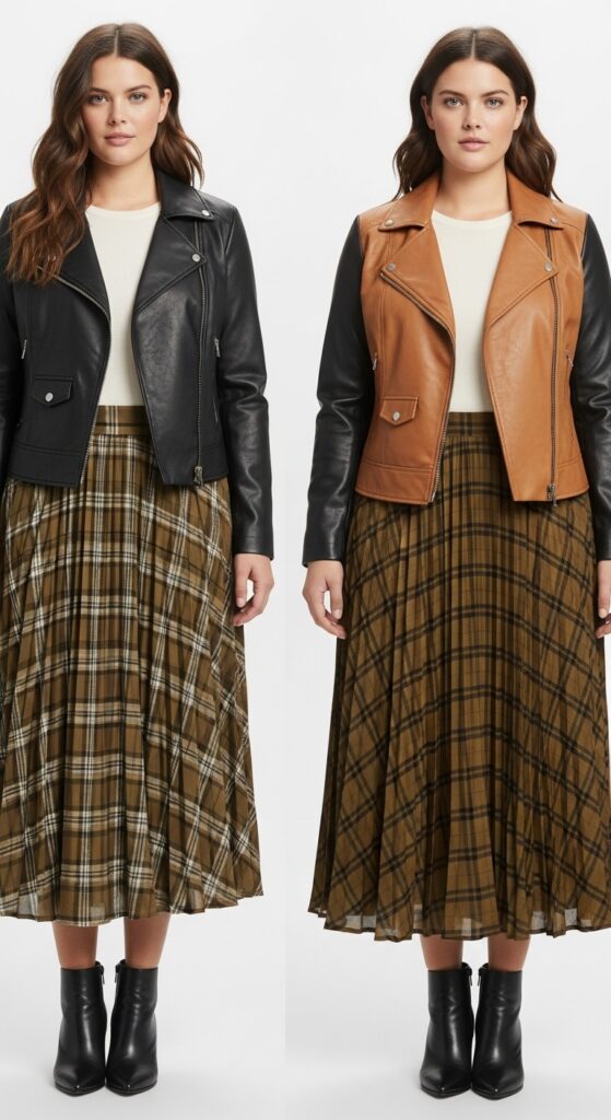 15 Chic Plus Size Fall Fashion Outfits Every Curvy Woman Will Love 5 Leather Jacket and Midi Skirt