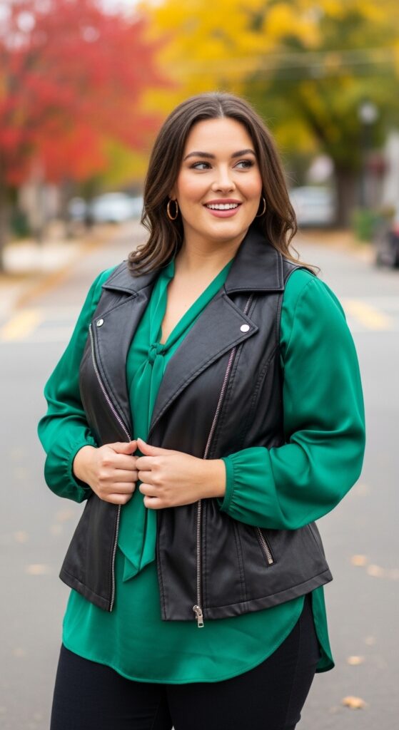 14 Plus Size Fall Vest Outfits Curvy Women Will Love 8 Leather-Look Vest & Silk Blouse