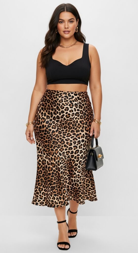 10 Stunning Plus Size Summer Long Skirt Outfits for Curvy Women 6 Leopard Print Slip Skirt with Black Crop Top