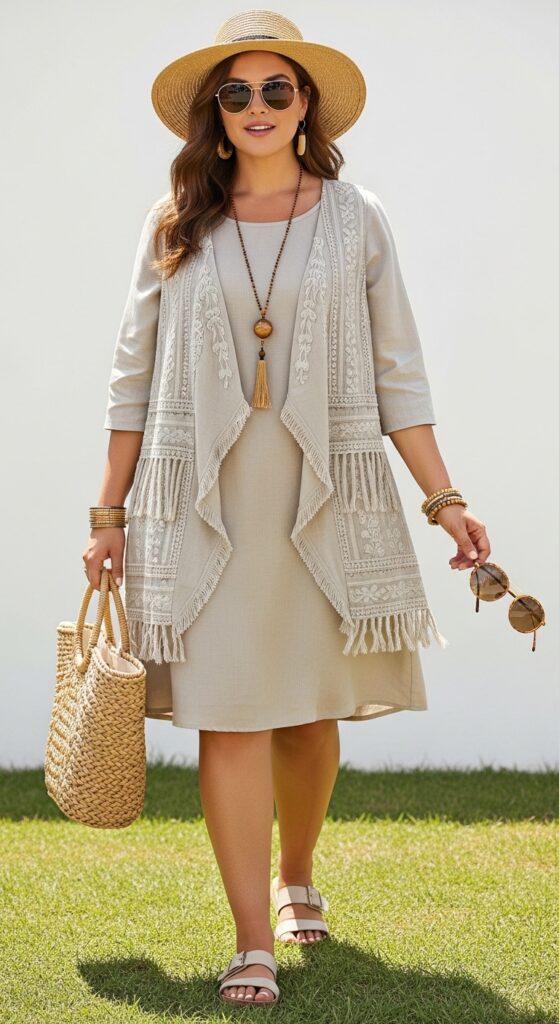 14 Plus Size Boho Summer Outfits Curvy Women Will Love 6 Light and Breezy with a Linen Vest