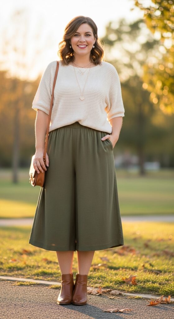 14 Plus Size Early Fall Outfits to Master the Season's First Cozy Vibes 9 Lightweight Sweater & Culottes