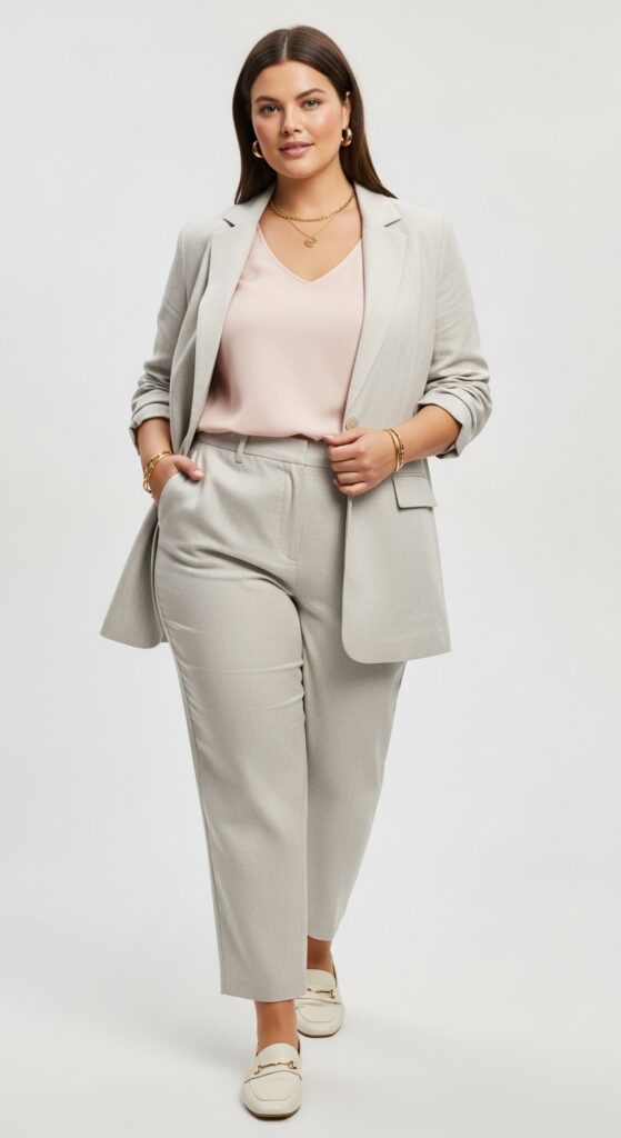 10 Chic Plus-Size Summer Work Outfits for Curvy Women 3 Linen Blazer and Pants Set