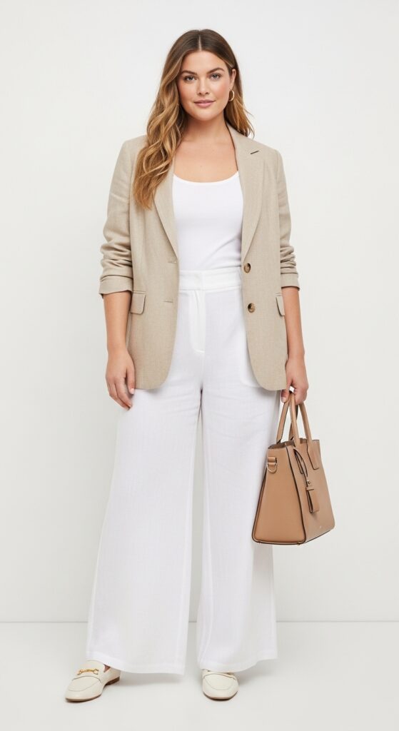 15 Plus Size Summer Mom Outfits Curvy Moms Will Love 4 Linen Blazer and Wide-Leg Pants