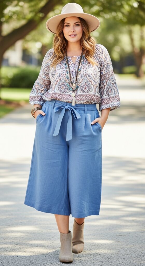 10 Cute Plus-Size Summer Outfits Curvy Women Will Love 11 Linen Culottes and Peasant Blouse