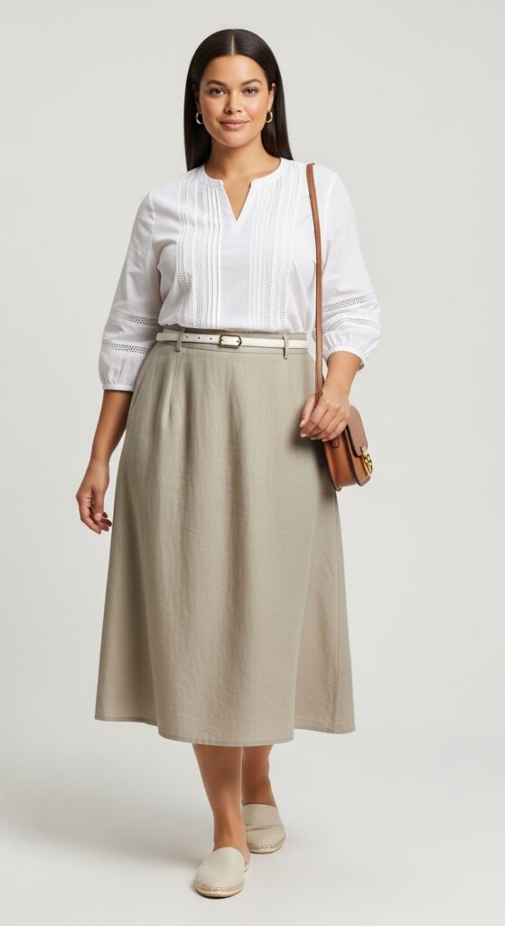 Linen Midi Skirt and Cotton Blouse