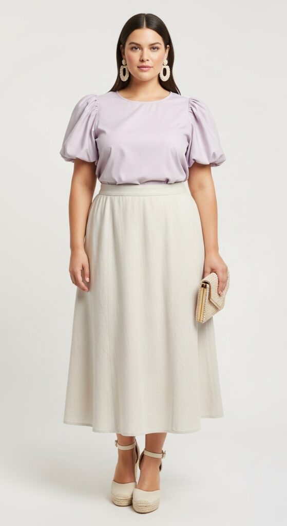 10 Stunning Plus Size Summer Long Skirt Outfits for Curvy Women 5 Linen Midi Skirt with Puff-Sleeve Blouse