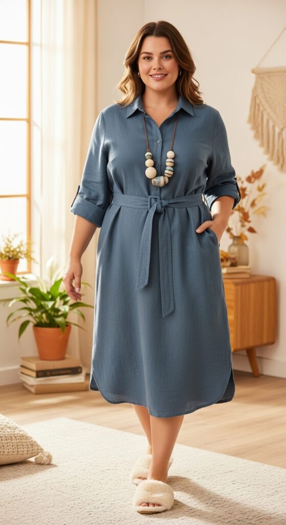 15 Plus Size Fall Aesthetic Outfits That Celebrate Your Curves & Creativity 12 Linen Shirt Dress & Faux Fur Slippers