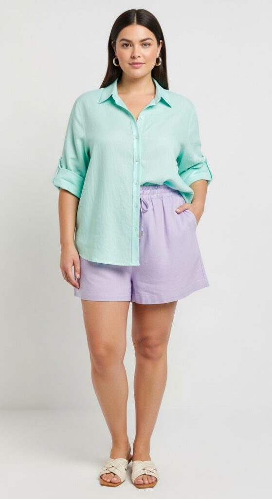 10 Fabulous Plus Size Summer Vacation Outfits for Curvy Women 12 Linen Shirt and Shorts Set