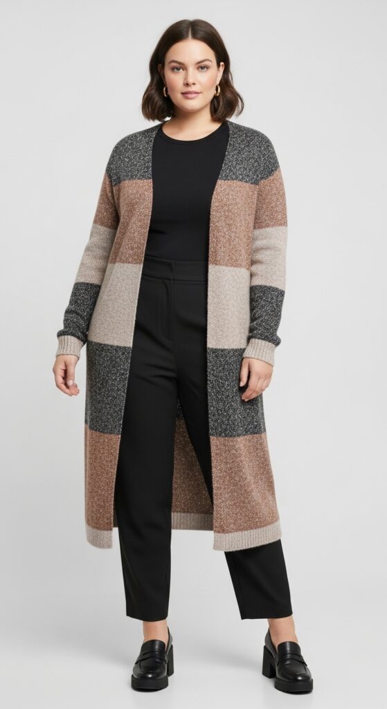 Long Cardigan and High-Waisted Trousers