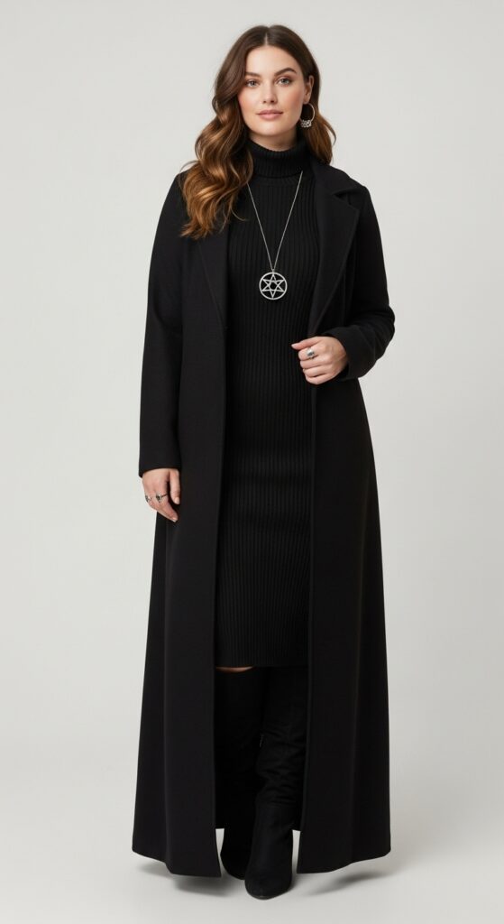 14 Plus Size Witchy Fall Outfits That Curvy Women Love 14 Long Maxi Coat and Turtleneck Dress