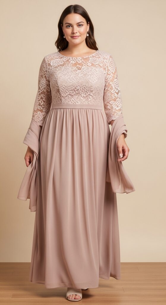 Long-Sleeve Lace and Chiffon Dress