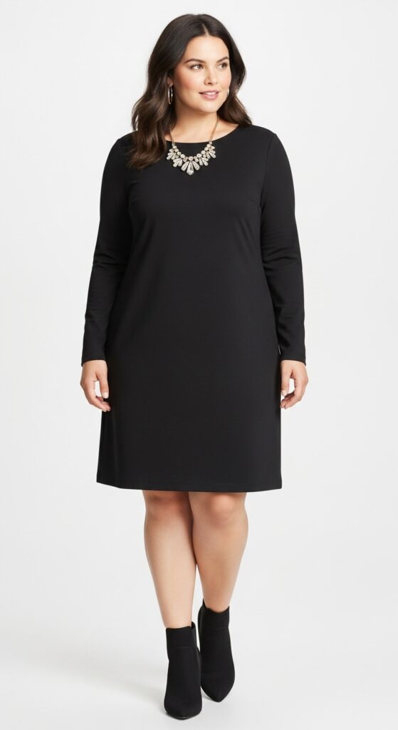 12 Plus Size Fall Professional Outfits Curvy Women Love 27 Long-Sleeve Shift Dress and Booties