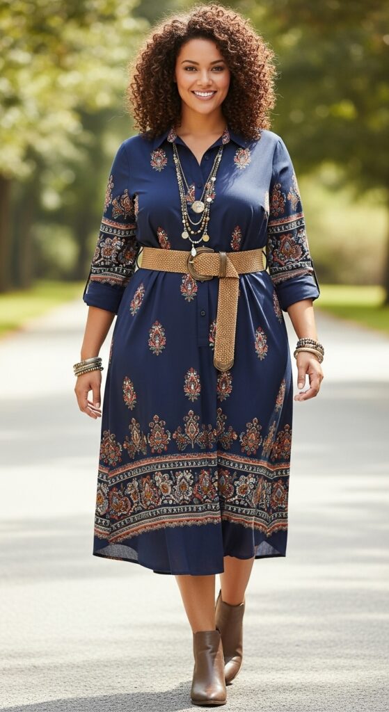 14 Plus Size Fall Boho Outfits That Curvy Women Love 14 Long Sleeve Shirt Dress and Belt