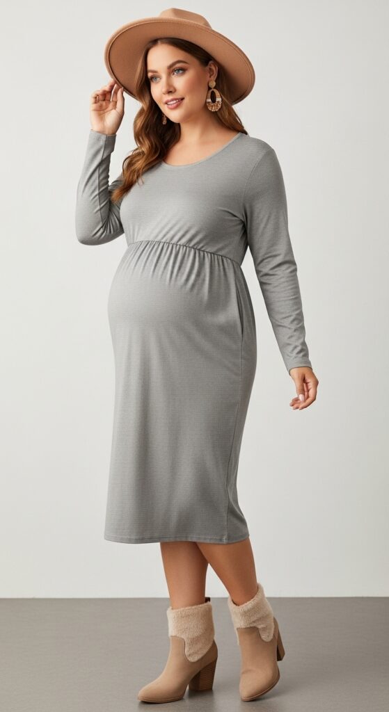 12 Plus Size Pregnant Fall Outfits That Curvy Women Love 18 Long-Sleeve T-shirt Dress and Booties
