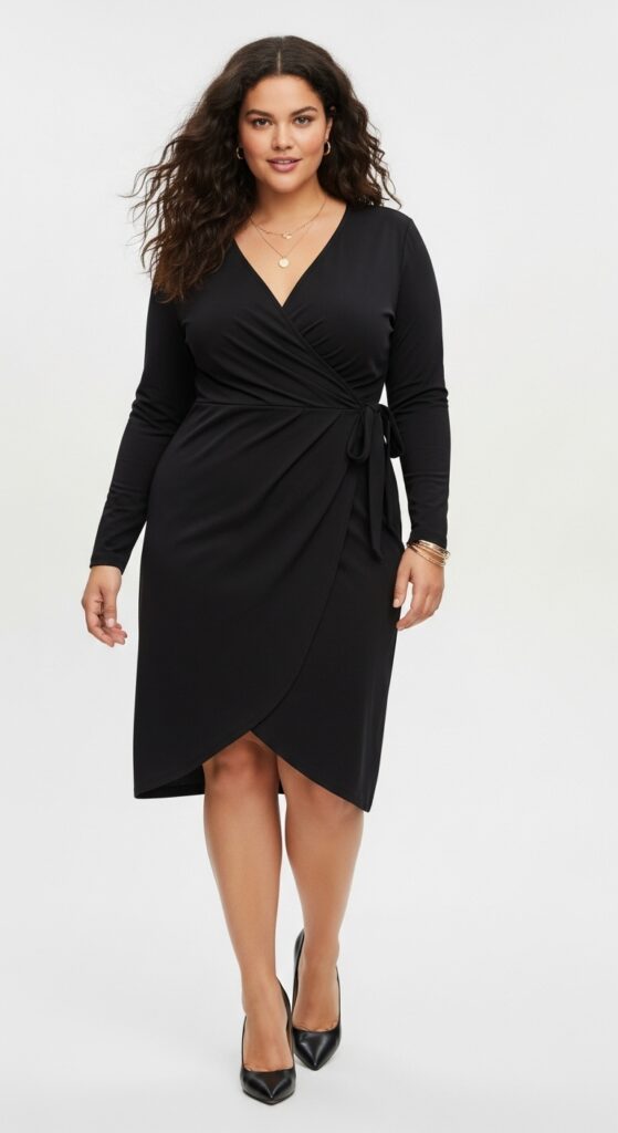 12 Plus Size Fall Professional Outfits Curvy Women Love 20 Long-Sleeve Wrap Dress and Heels