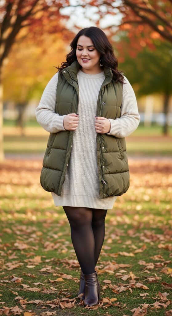 14 Plus Size Fall Vest Outfits Curvy Women Will Love 6 Longer Puffer Vest & Sweater Dress