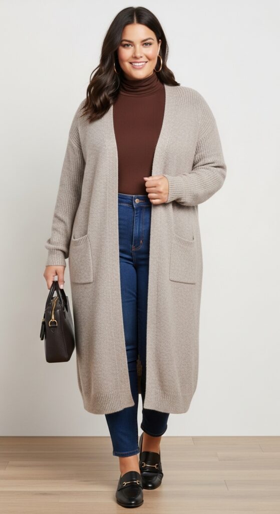 15 Chic Plus Size Fall Fashion Outfits Every Curvy Woman Will Love 14 Longline Cardigan and Turtleneck