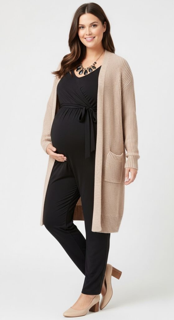 12 Plus Size Pregnant Fall Outfits That Curvy Women Love 21 Maternity Jumpsuit and Longline Cardigan