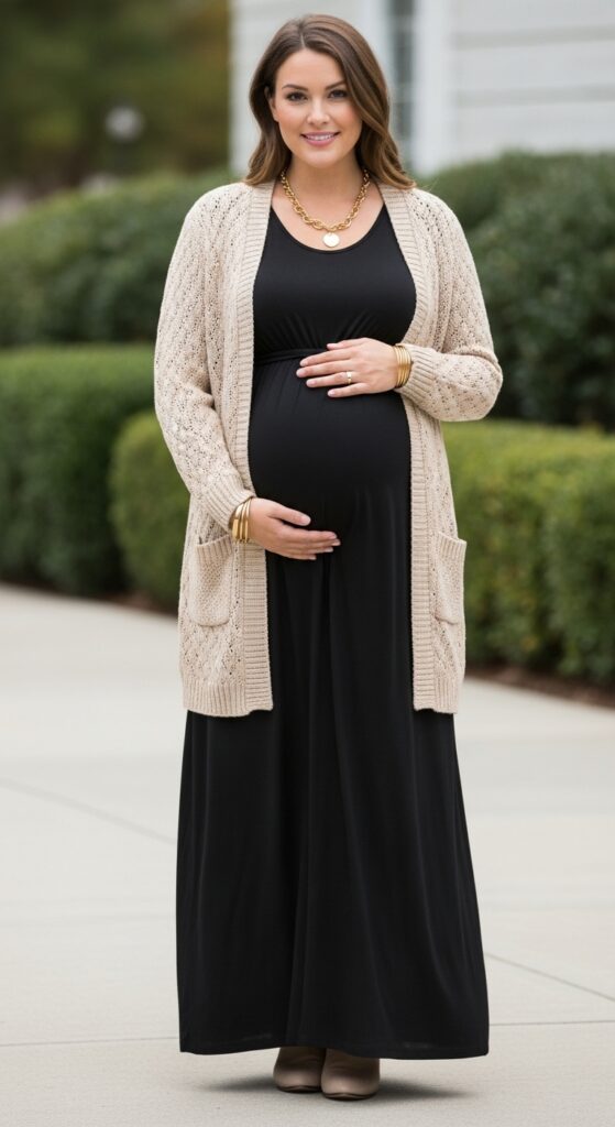 12 Plus Size Pregnant Fall Outfits That Curvy Women Love 17 Maternity Maxi Dress and Cardigan