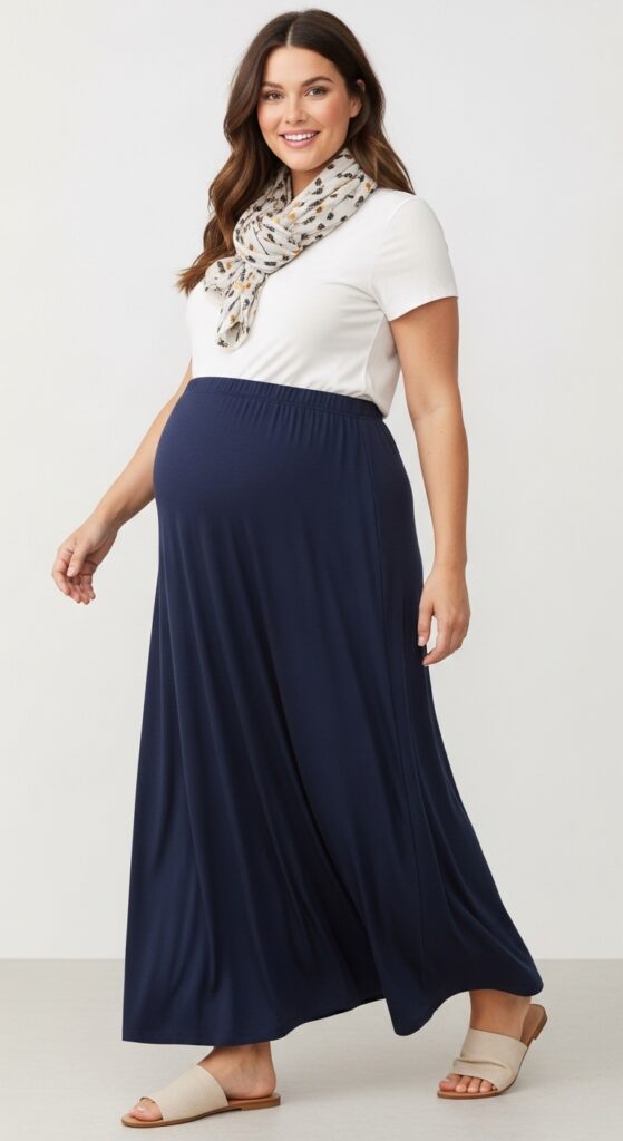 12 Plus Size Pregnant Fall Outfits That Curvy Women Love 24 Maternity Maxi Skirt and Basic Tee
