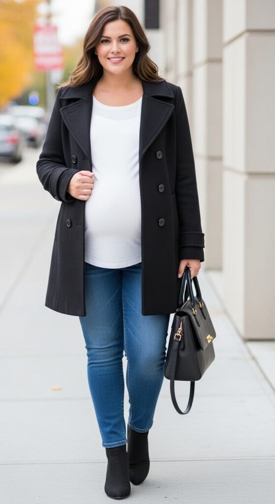 12 Plus Size Pregnant Fall Outfits That Curvy Women Love 26 Maternity Peacoat and Skinny Jeans