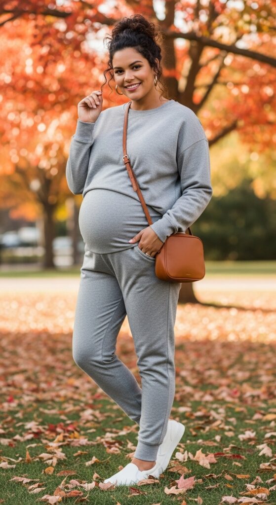 12 Plus Size Pregnant Fall Outfits That Curvy Women Love 27 Maternity Sweatshirt and Joggers