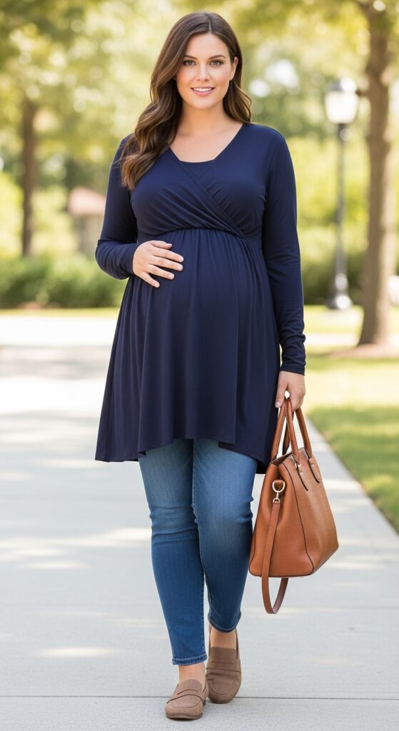 12 Plus Size Pregnant Fall Outfits That Curvy Women Love 19 Maternity Tunic and Skinny Jeans
