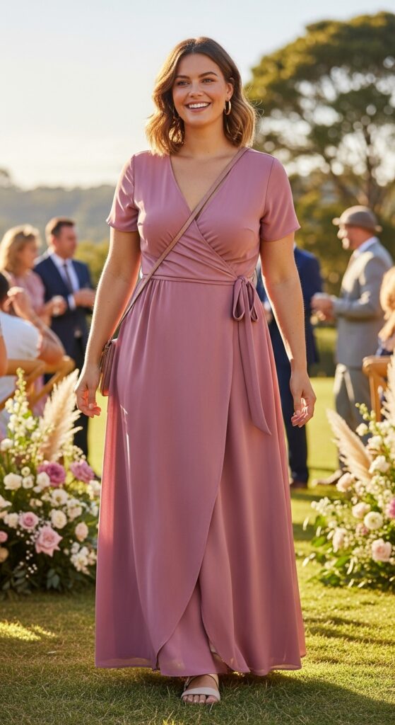 10 Gorgeous Plus Size Pink Wedding Guest Dresses for Curvy Women 12 Mauve Pink Wrap Maxi Dress