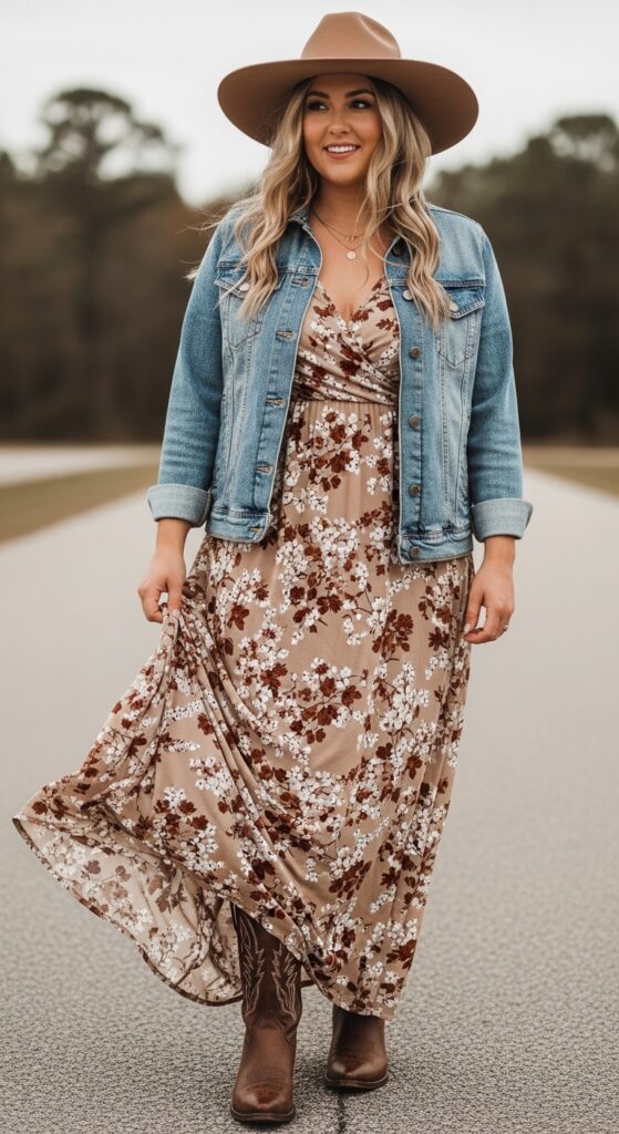 14 Plus Size Fall Western Outfits That Curvy Women Love 20 Maxi Dress with Cowboy Boots