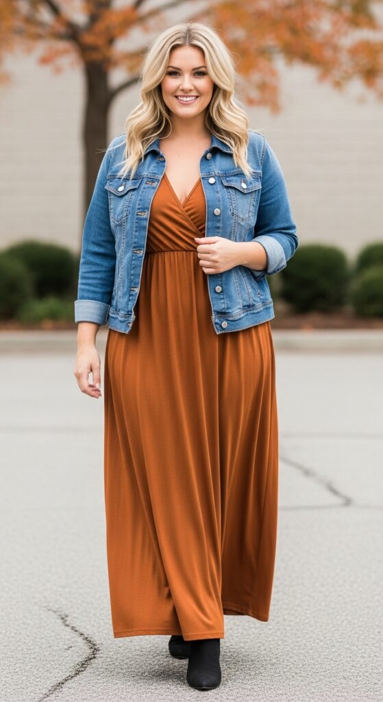 15 Chic and Casual Plus Size Fall Outfits Every Curvy Woman Will Love 4 Maxi Dress with a Denim Jacket