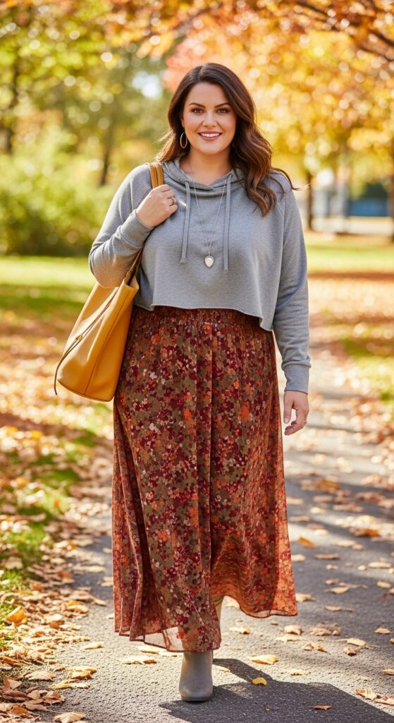 15 Plus Size Fall Mom Outfits Curvy Mothers Will Love 9 Maxi Skirt & Hoodie