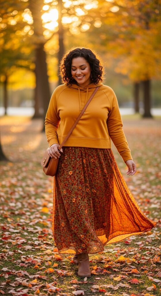 15 Plus Size Cozy Fall Outfits Curvy Women Will Love 10 Maxi Skirt & Hoodie