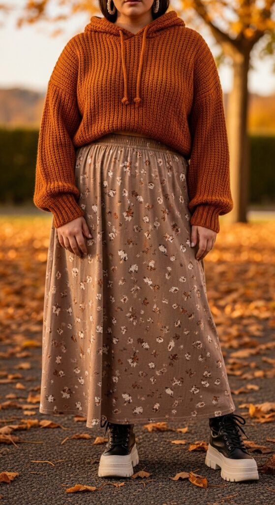 14 Plus Size Comfy Fall Outfits That Are Big on Style 10 Maxi Skirt & Hoodie