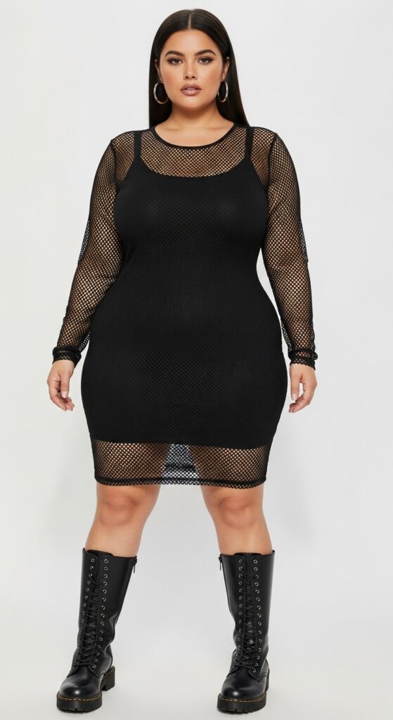 12 Plus Size Edgy Summer Outfits for Curvy Women You’ll Love 13 Mesh Bodycon Dress & Combat Boots Bold and Fierce
